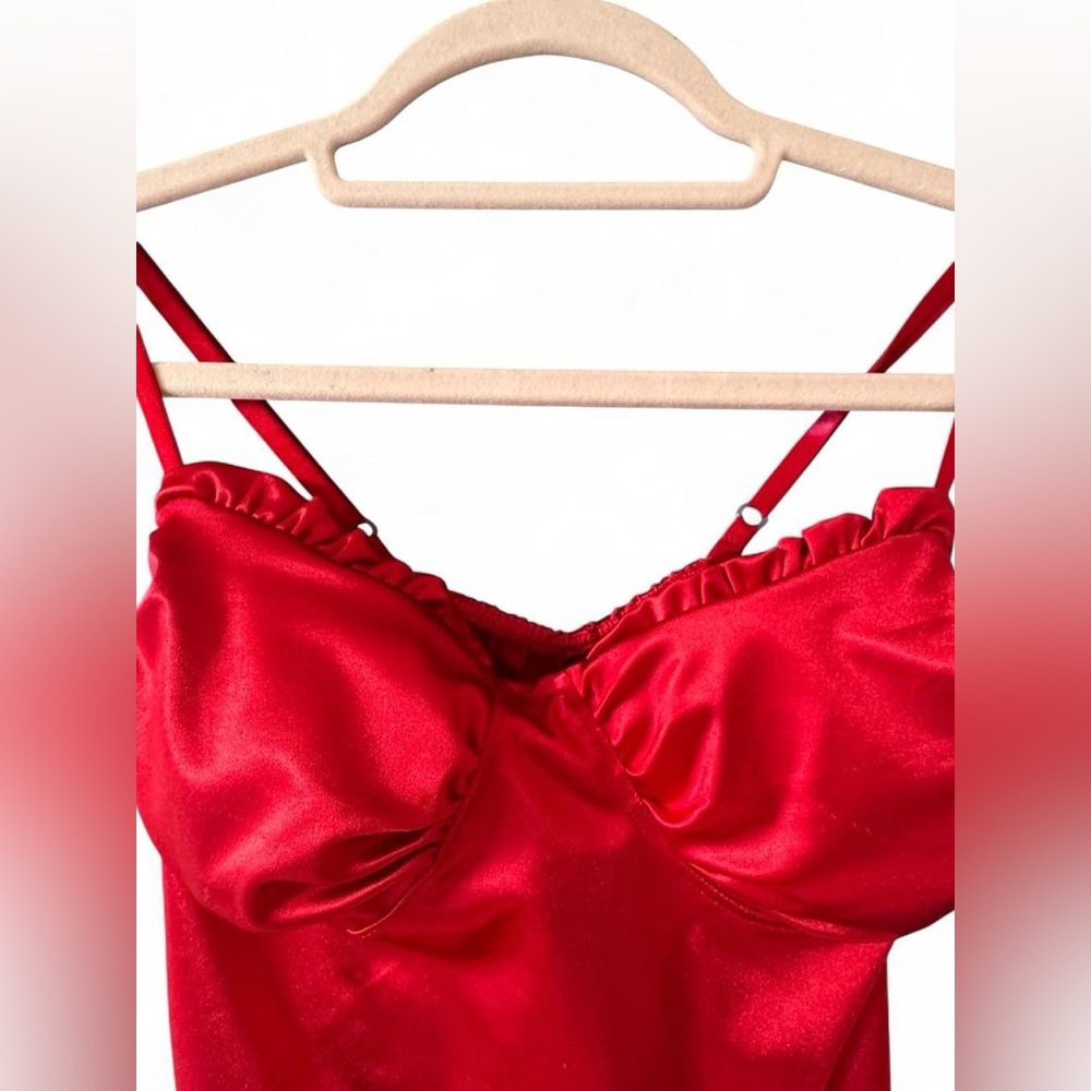 Red Ruched Satin Dress - Picture 2 of 6